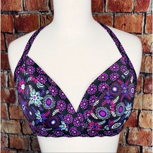 Freya Black Purple Floral Women’s Banded Halter Bikini Swim Top Size UK US 38D